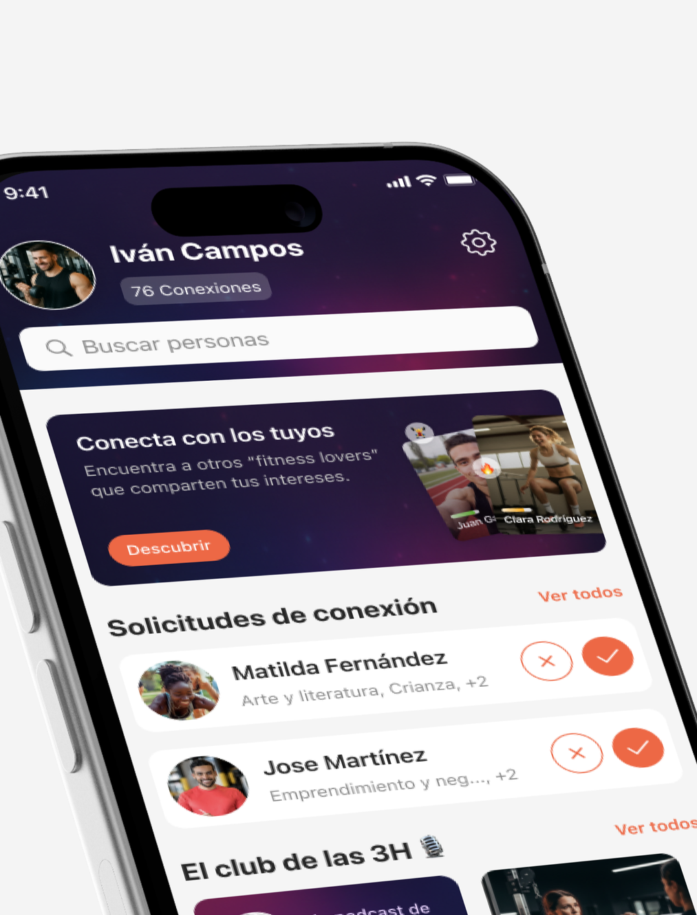 Pantalla de inicio de la app Gymder con solicitudes de conexión