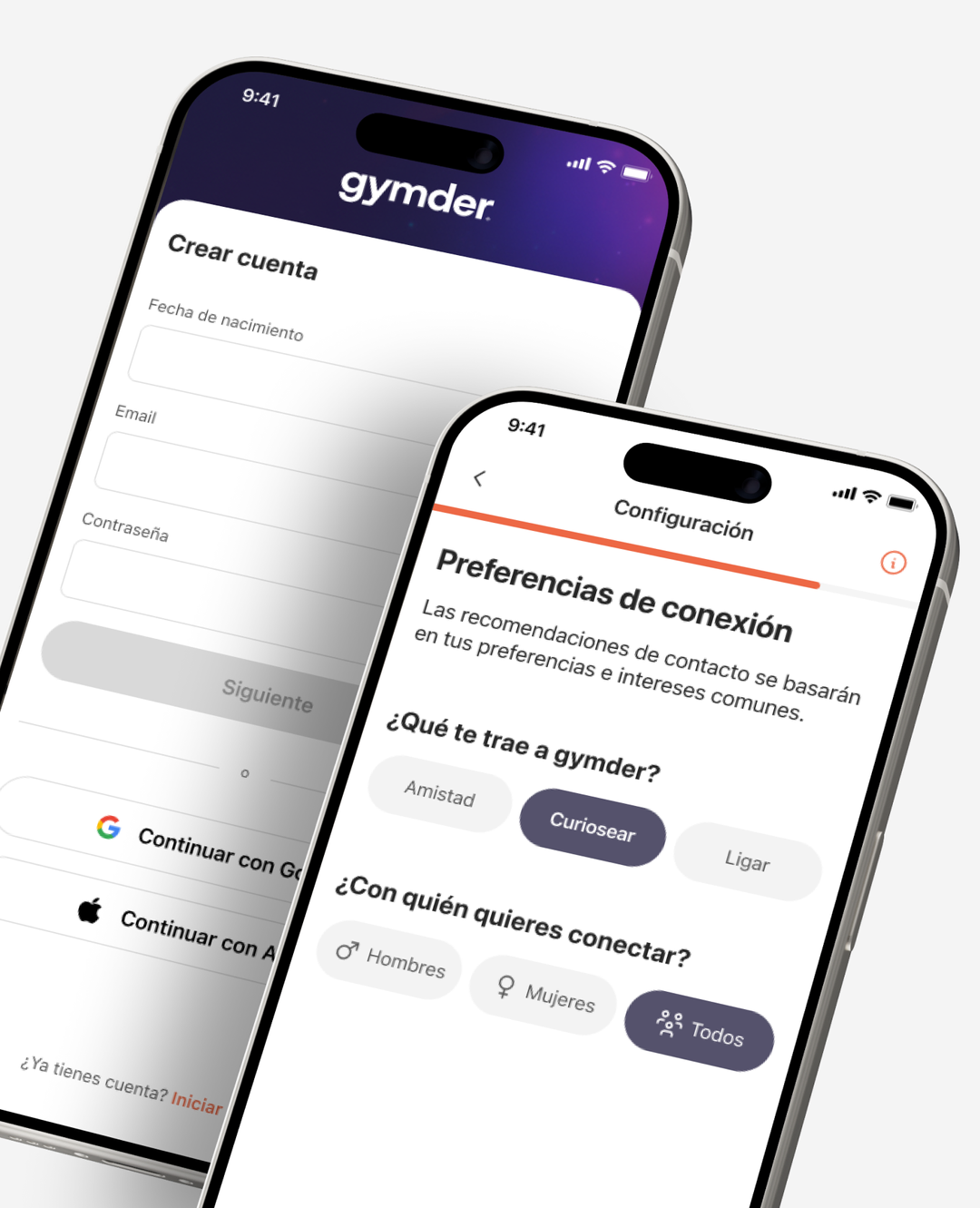 Preferencias de conexión en la app Gymder