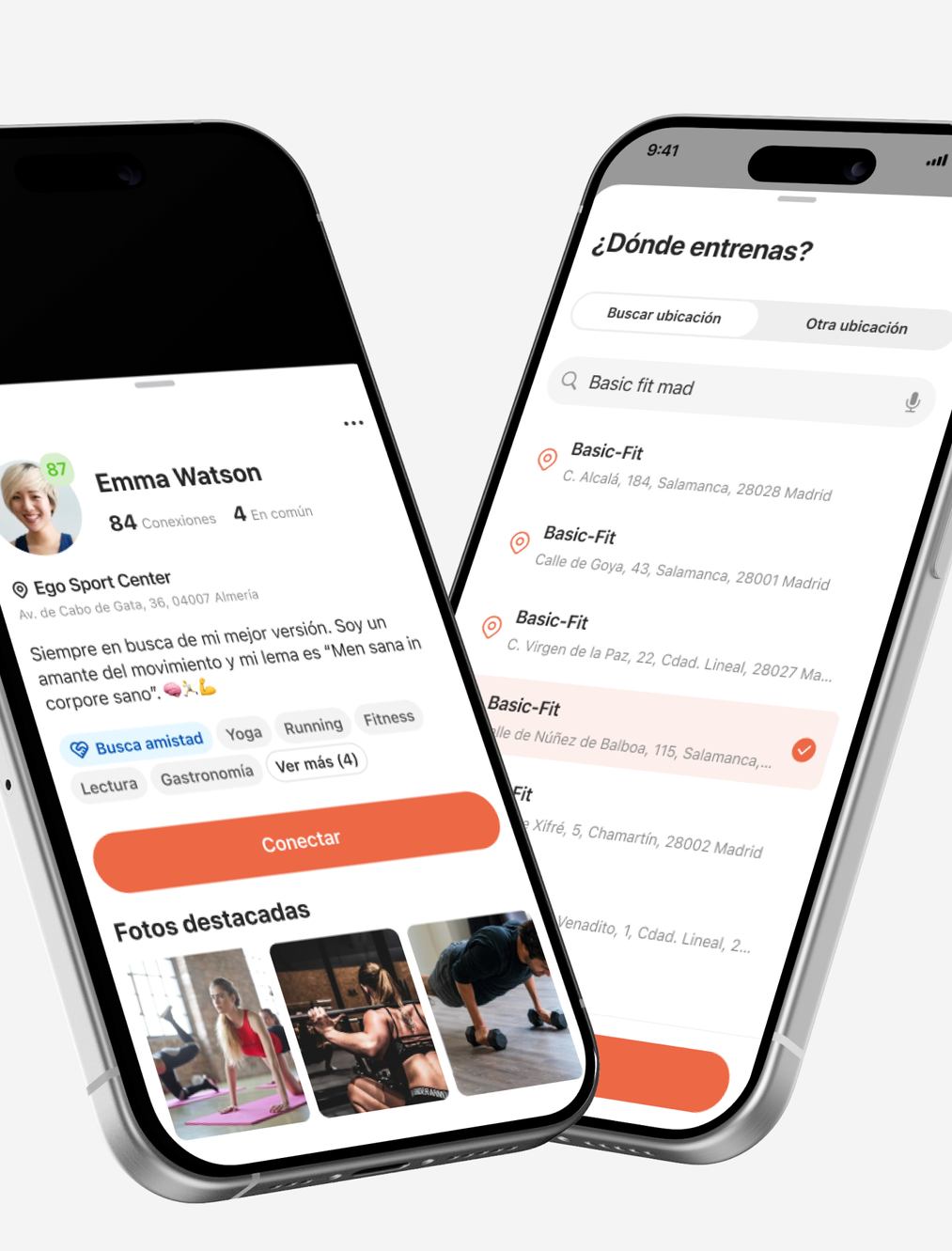Perfil de usuario y selector de ubicación en la app Gymder