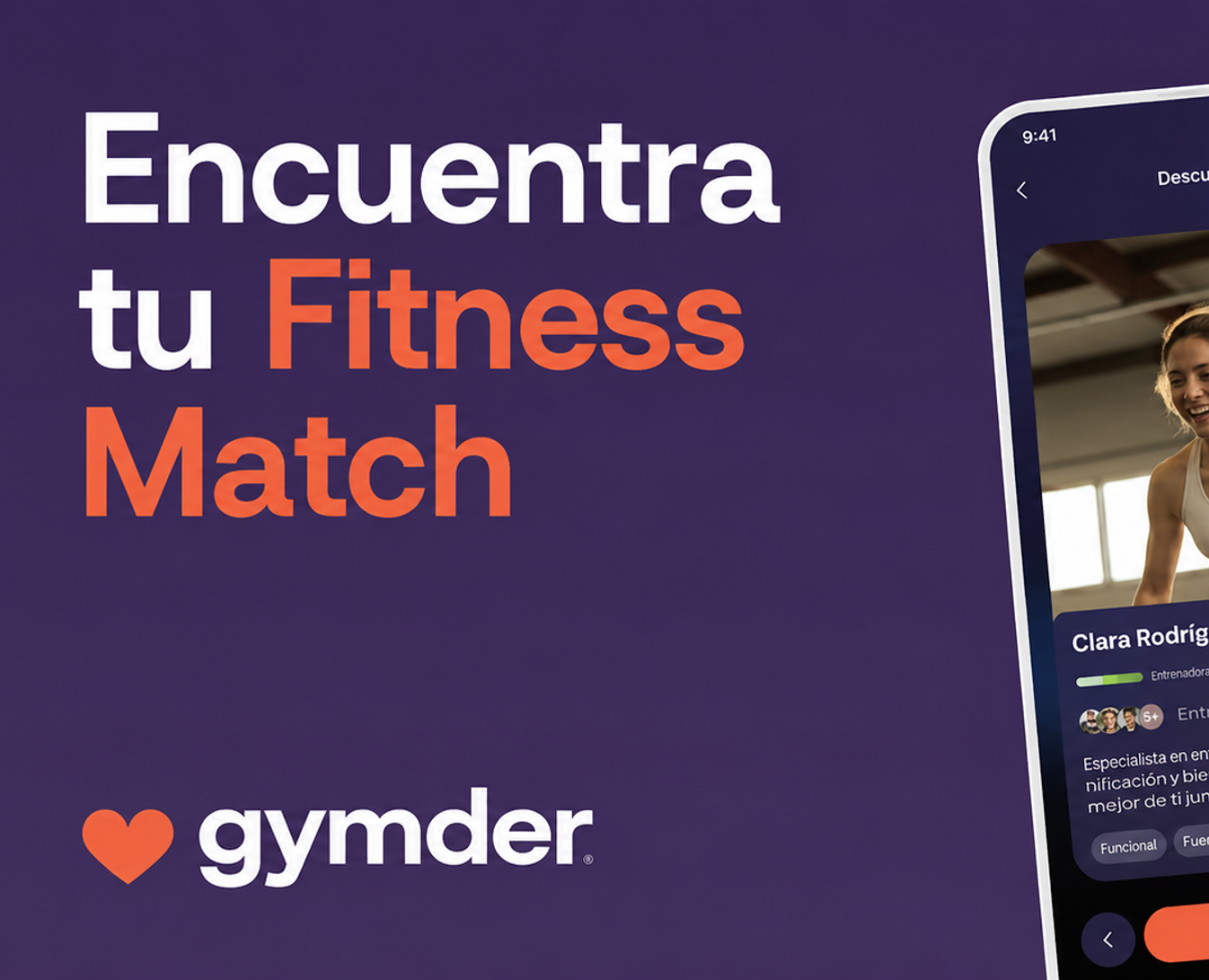 Gymder App — pantalla de la app con el claim Encuentra tu Fitness Match