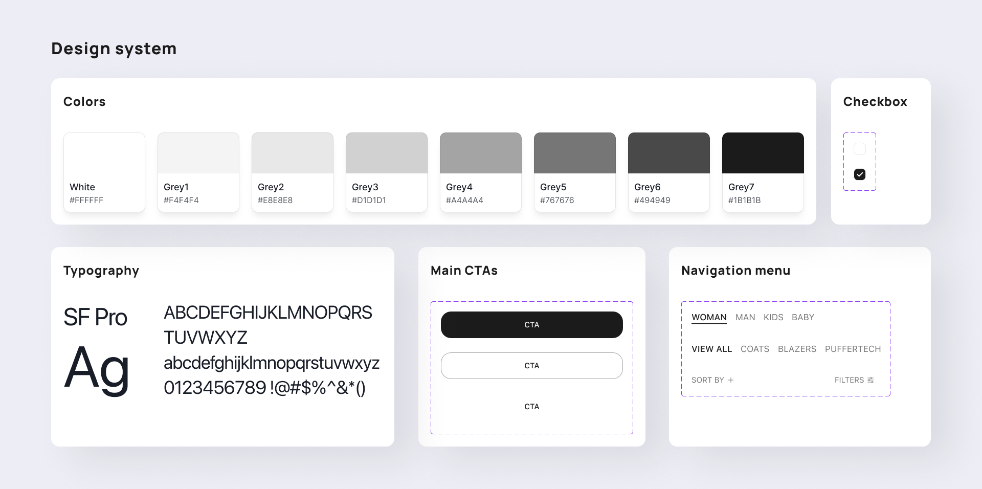 Design system: colores, tipografía SF Pro, CTAs y menú de navegación