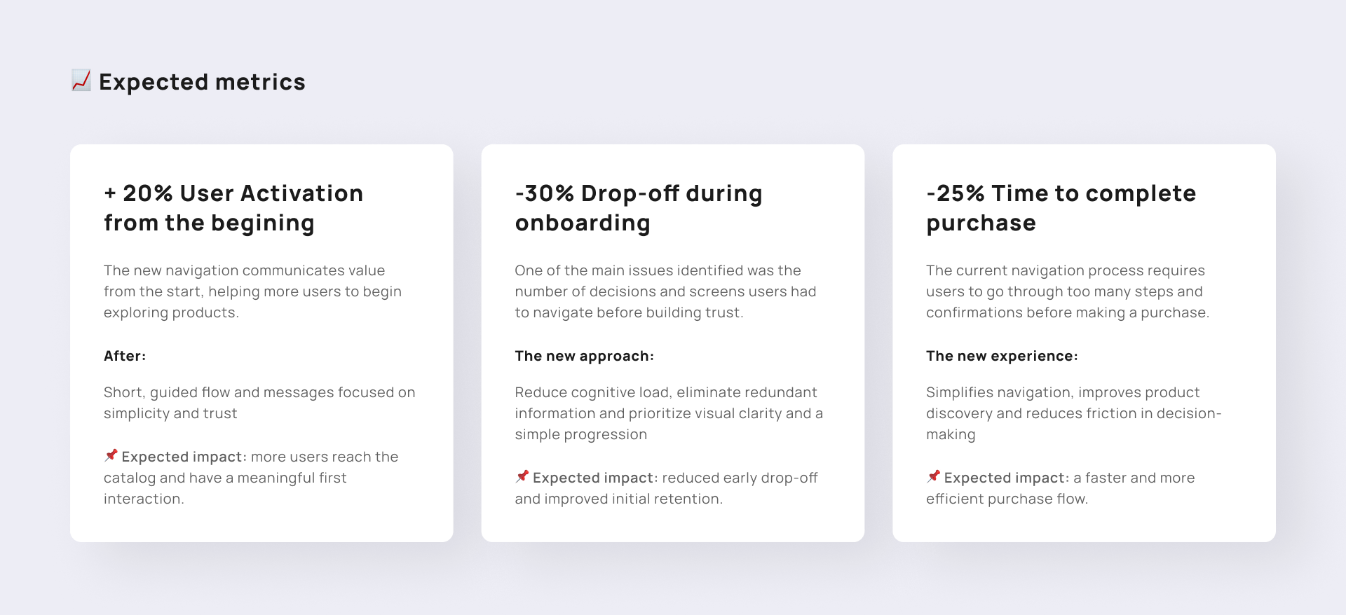 Métricas esperadas: +20% de activación, -30% abandono en onboarding, -25% tiempo de compra